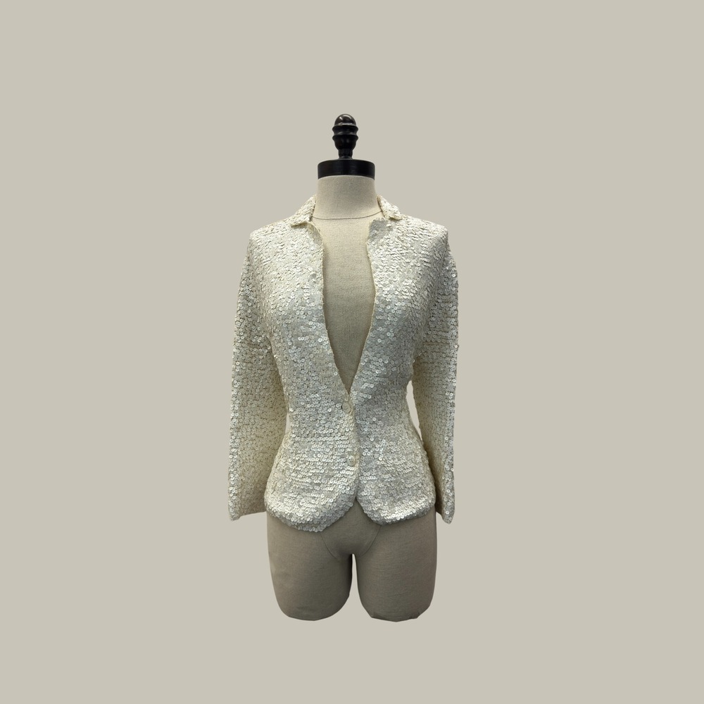 Lisli Sequin Blazer Womens M Ivory Excellent Knit Evening Jacket‎